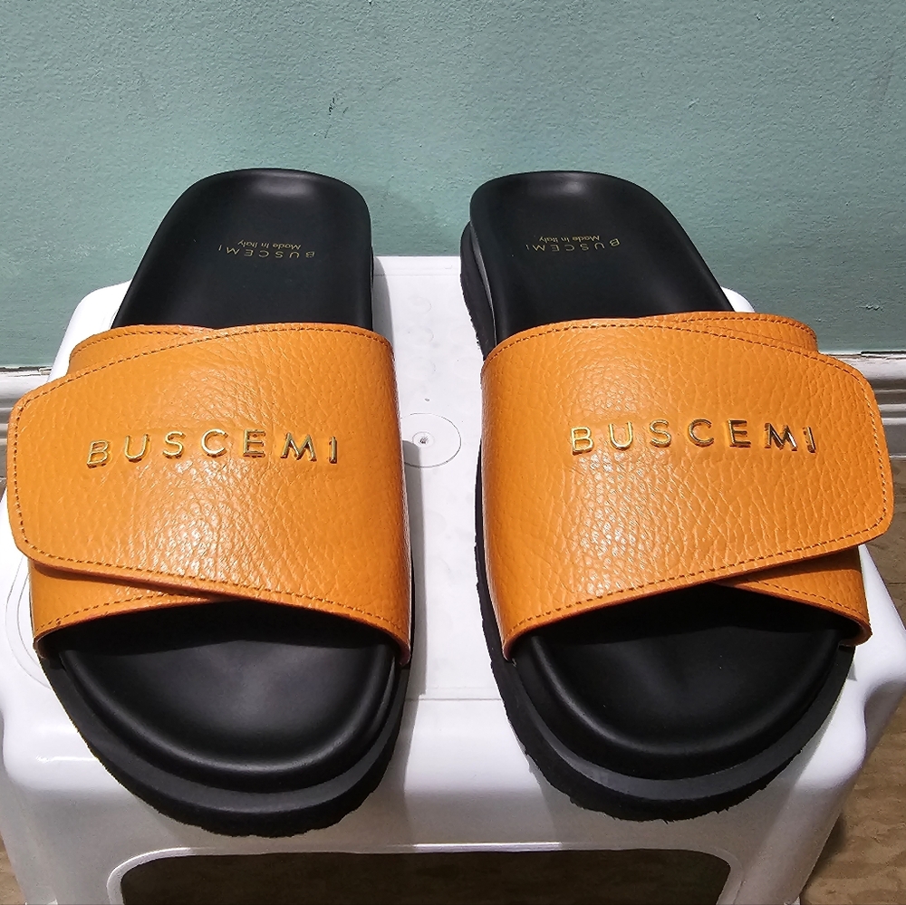 NIB BUSCEMI Scratch Pebbled Leather Orange Black Slides Sandals sz 37 - Picture 2 of 10